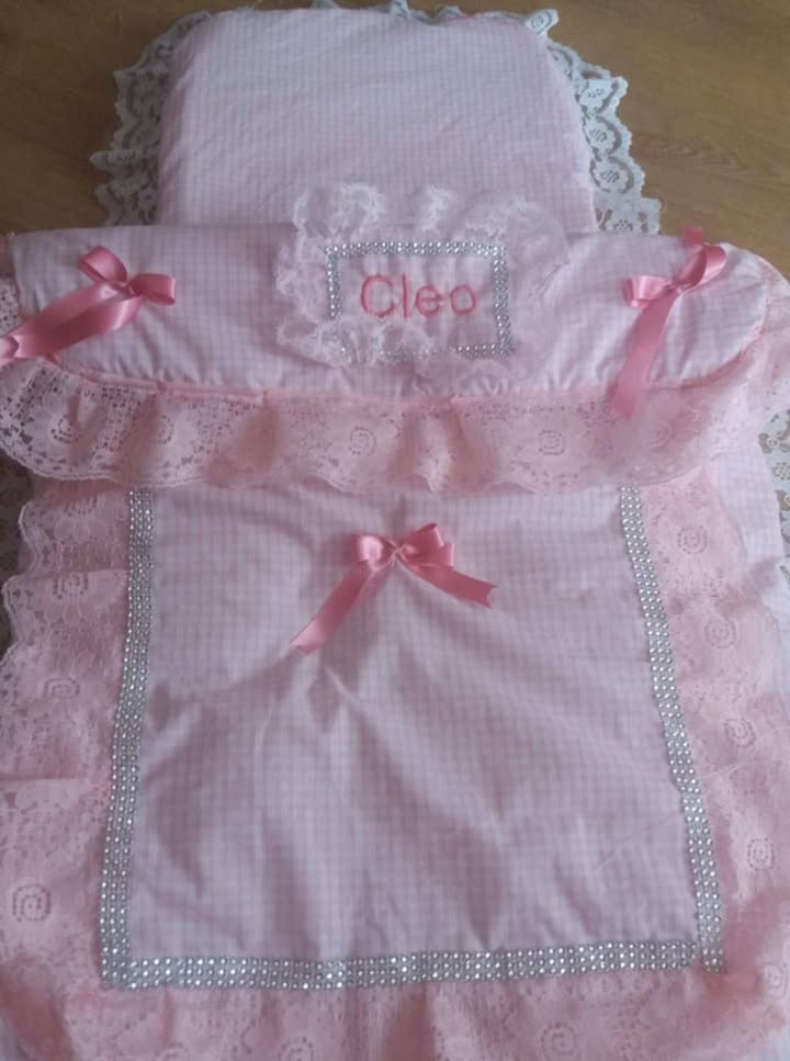 Frilly lacey personalised pram quilt and liner