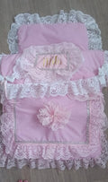 Personalised frilly lacey pram quilt and liner