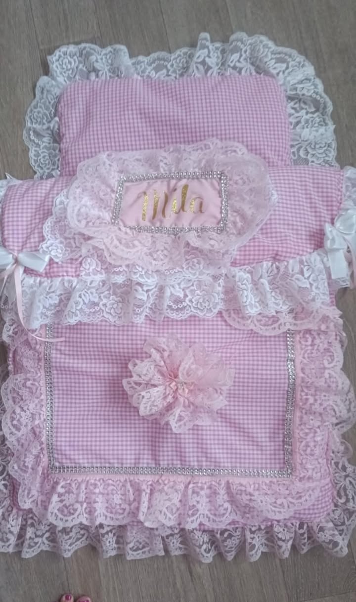 Personalised frilly lacey pram quilt and liner